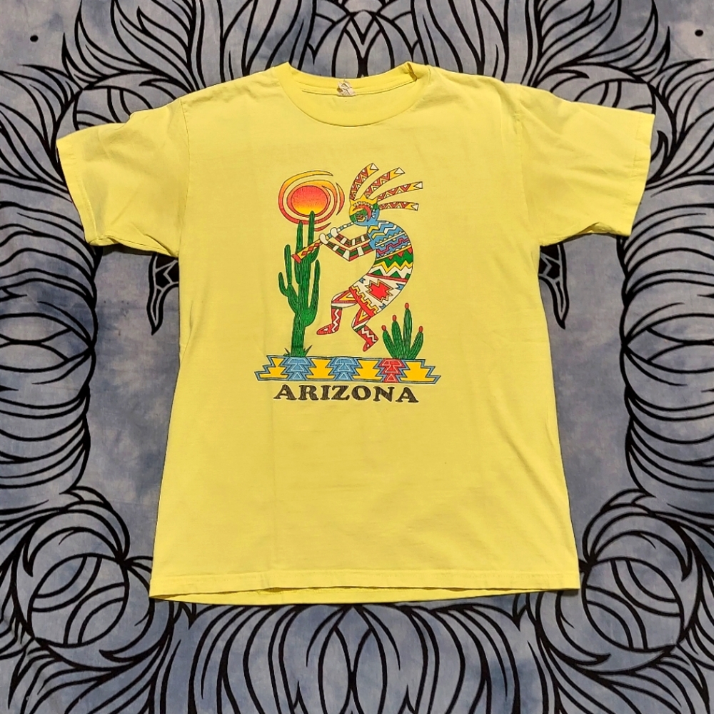 Vintage Vtg T-Shirt Yellow Kokopelli Southwest Cactus Arizona Tee Small